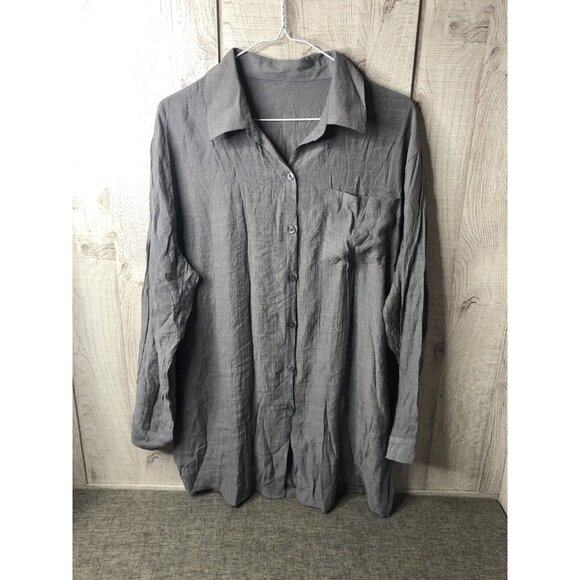 Blouse Tops - Light Gray Womens Shirt One Size Long Sleeves Button Up Flowy Blouse Long Sleeve